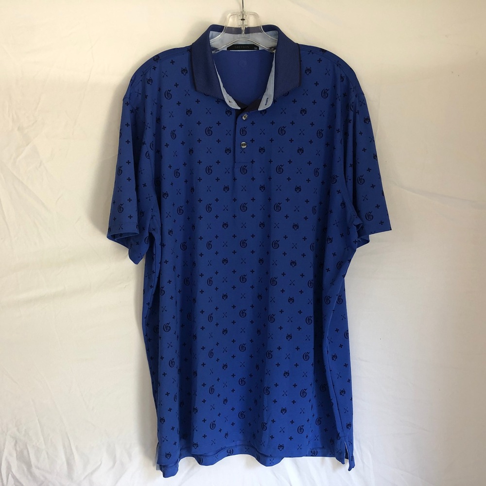Greyson Mens XL Blue Monogram Wolf Head Print Golf Polo Shirt Performance